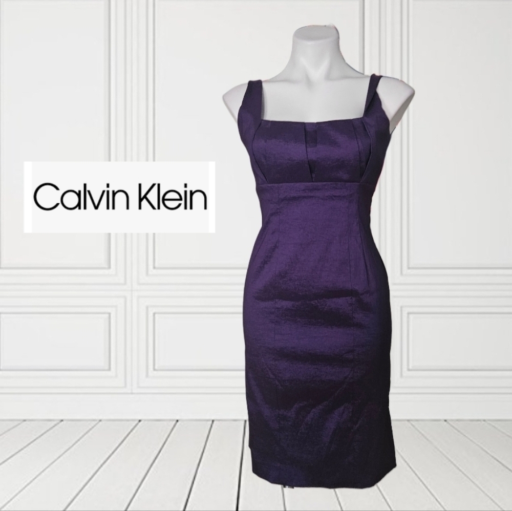 Calvin Klein purple stretch taffeta empire waist cocktail sheath dress.